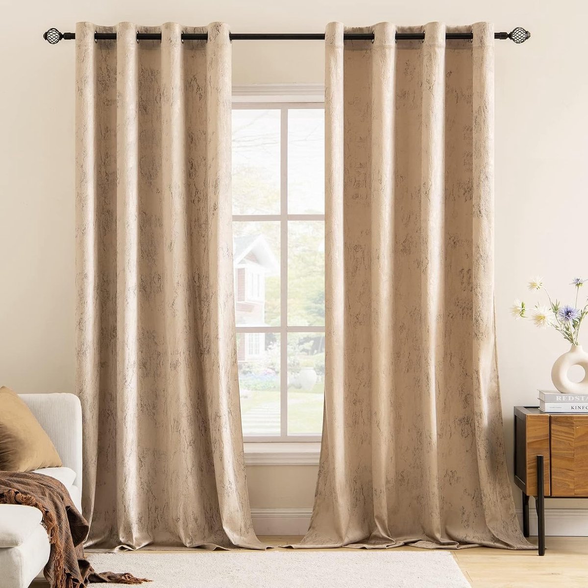 Luxe Fluvelen Gordijnen Beige 2 Stuks 140x300cm met Gouden Print en Ringen