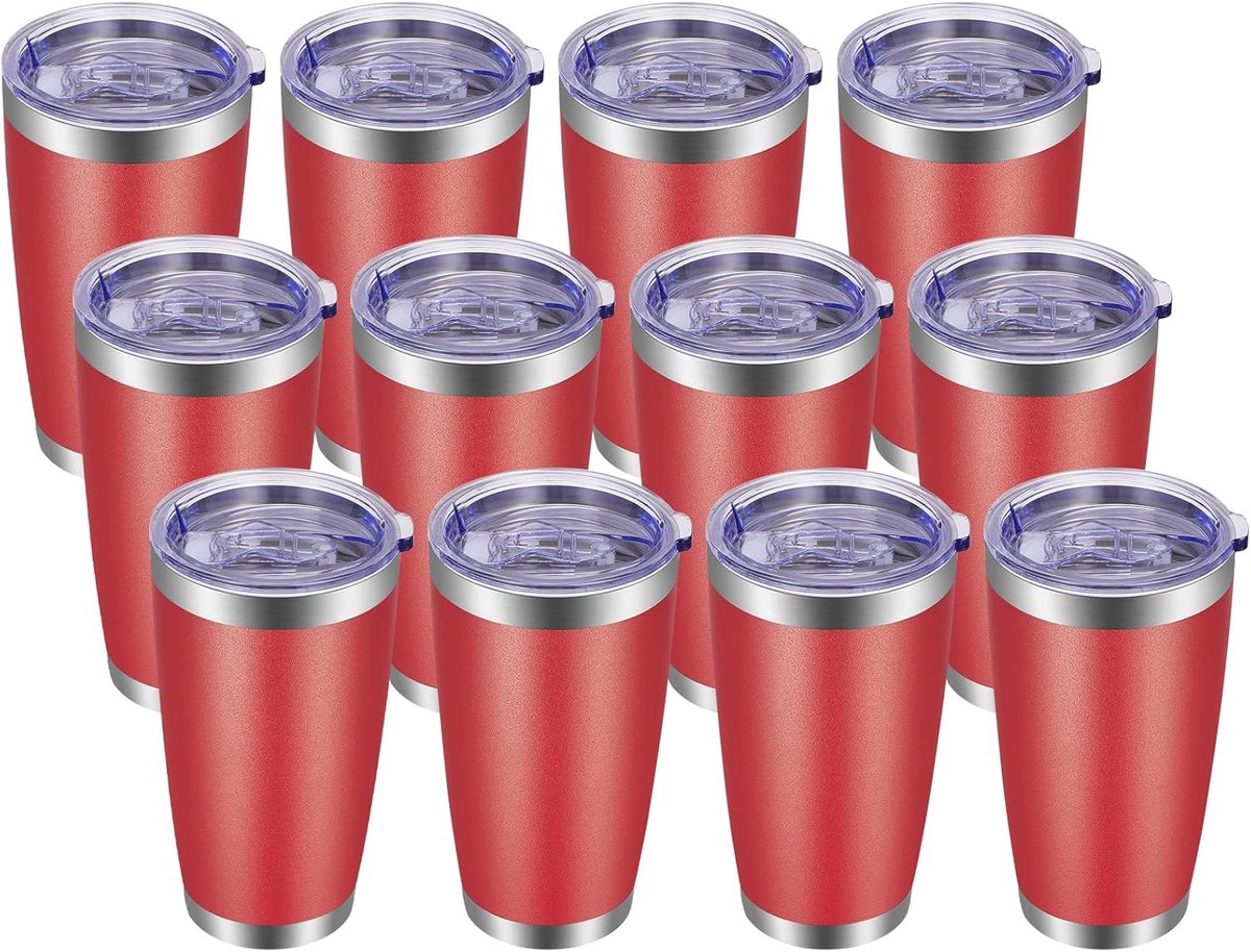 Set van 12 Roestvrijstalen Bekers 590 ml met Deksel en Rietjes - Dubbelwandige Isolatie