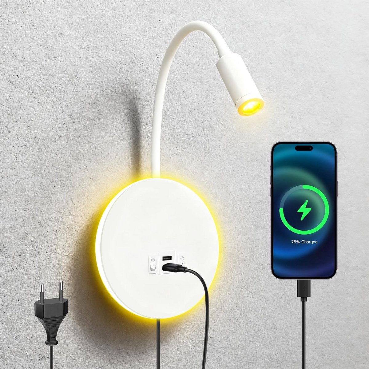 Wandlamp Slaapkamer met USB-C Oplader | Flexibele LED Leeslamp Dimbaar Zwanenhals