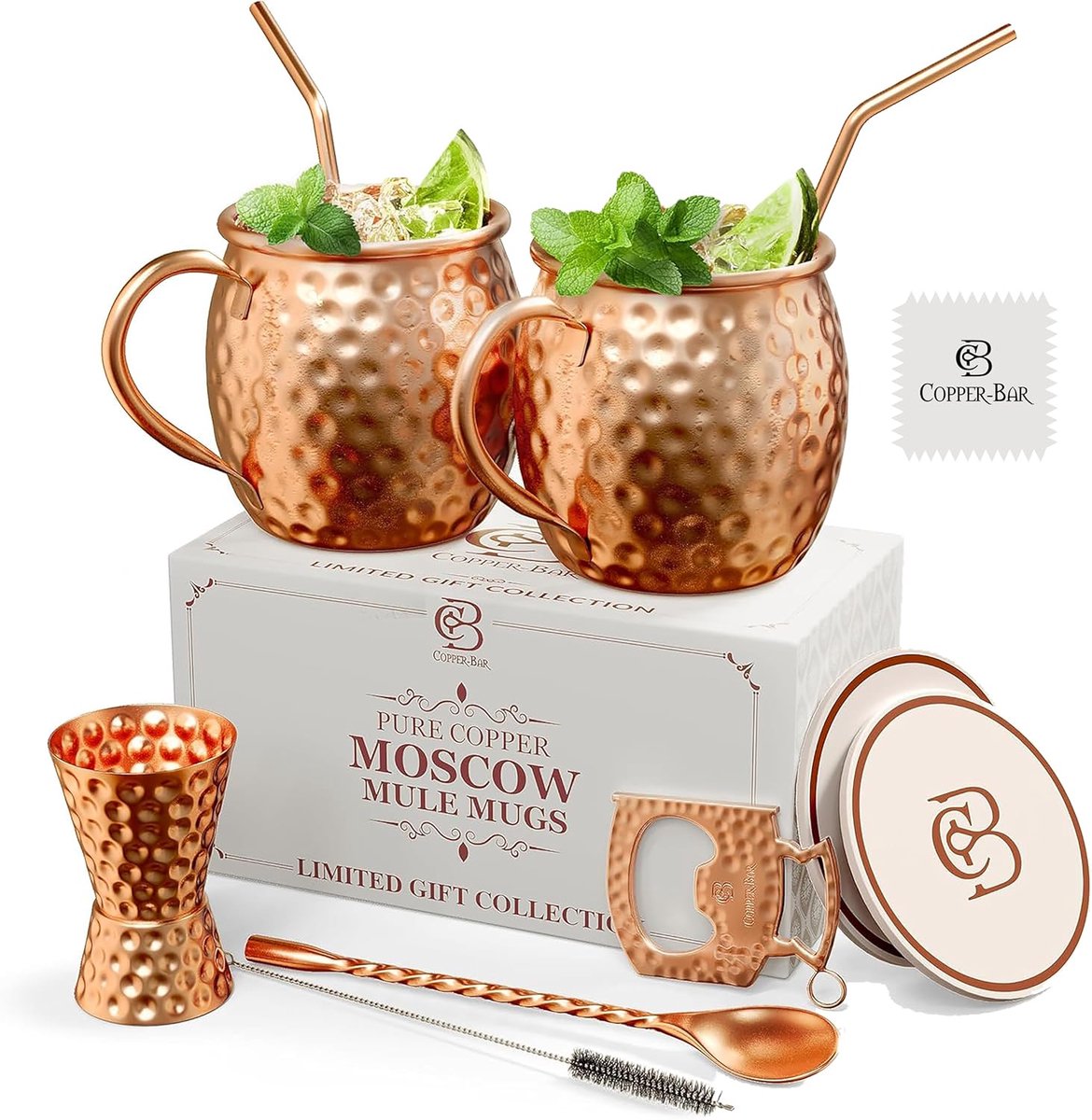 Koperen Mokken Set voor Moscow Mule Cocktails - Handgemaakt en Massief Koper