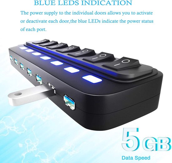 7-Poorts USB 3.0 Hub Splitter met Individuele Aan/Uit Schakelaars en LED Indicatoren van Merkloos — afbeelding 5