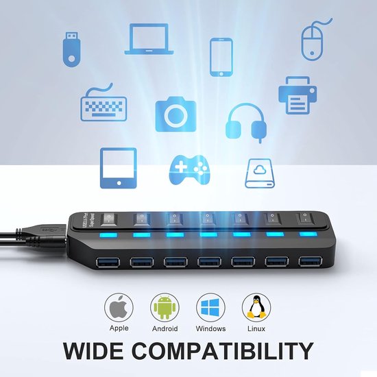 7-Poorts USB 3.0 Hub Splitter met Individuele Aan/Uit Schakelaars en LED Indicatoren van Merkloos — afbeelding 3