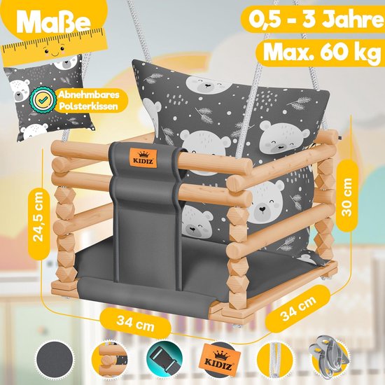 Houten babyschommel voor binnen en buiten - Verstelbaar schommelzitje voor baby en peuter (6 maanden tot 3 jaar) — afbeelding 4