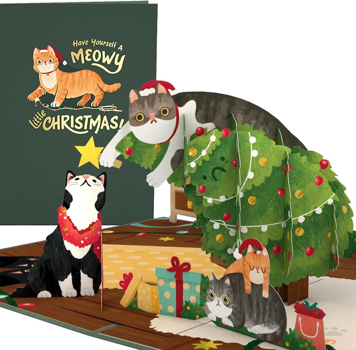 3D Pop-Up Kerstkaart met Katten, Cadeautje voor Kattenliefhebbers en Familie