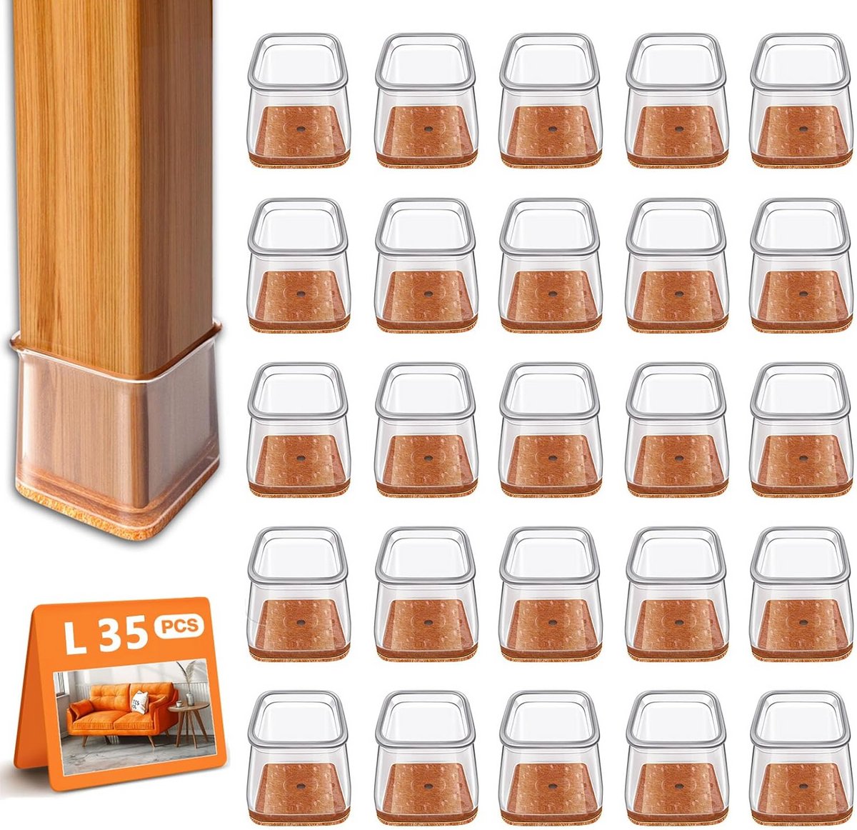35x Vierkante Stoelpootdoppen Transparant Silicone - Beschermd tegen Krassen en Geluid voor Hardhout