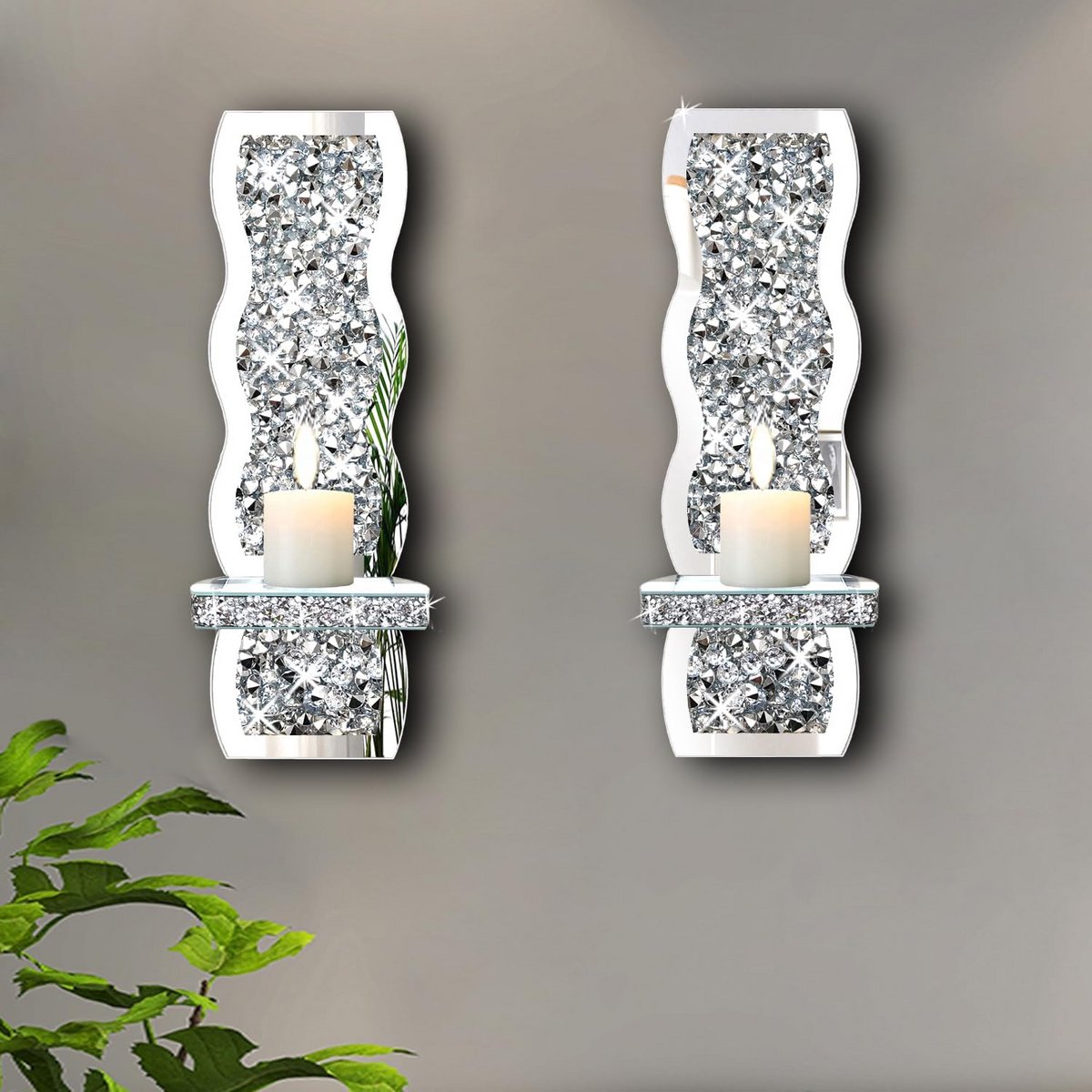 Set van 2 Kristallen Diamant Kaarsenhouders Wanddecoratie Zilveren Spiegel