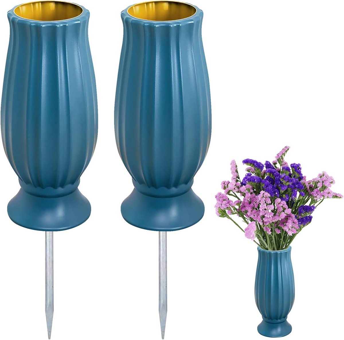 2x Vorstbestendige Grafvazen met Grondpen Blauw Kunststof