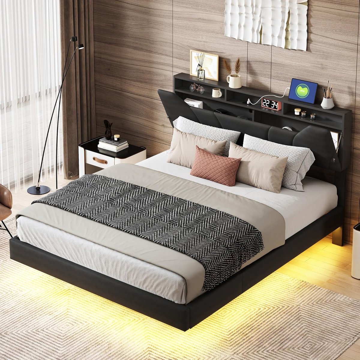 Gestoffeerd Tweepersoonsbed 160x200 cm met LED Verlichting en USB Oplaadpunten