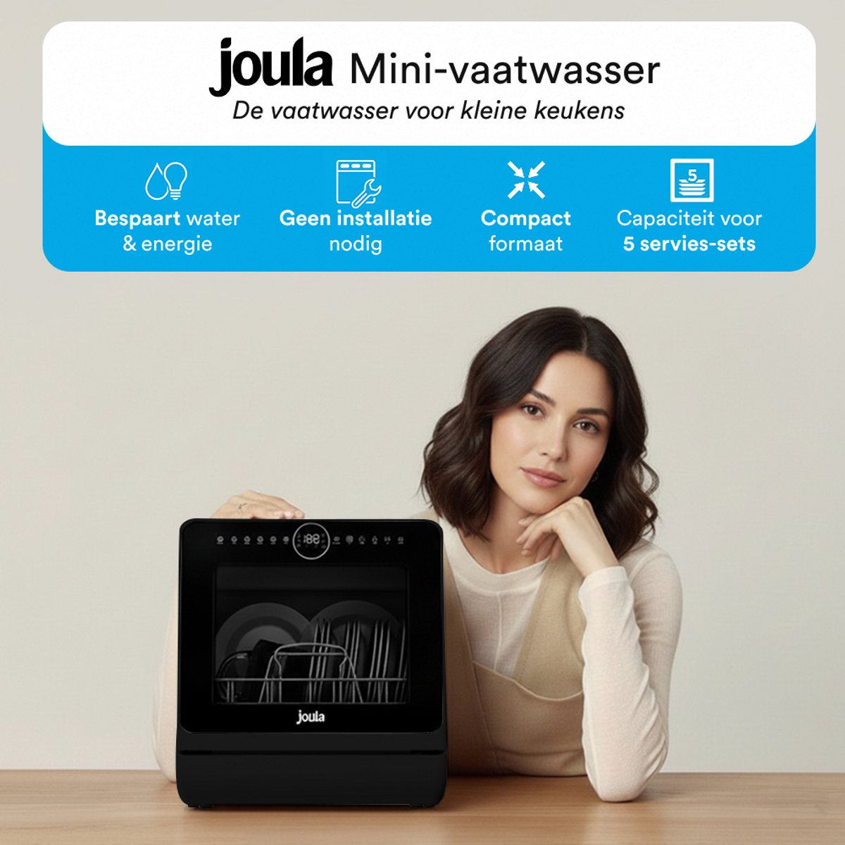 Joula Mini Vaatwasser met Waterreservoir - 8 Wasprogramma's - 5 Couverts - Kleine Smalle Vrijstaande Afwasmachine - Camping - Zwart — afbeelding 4