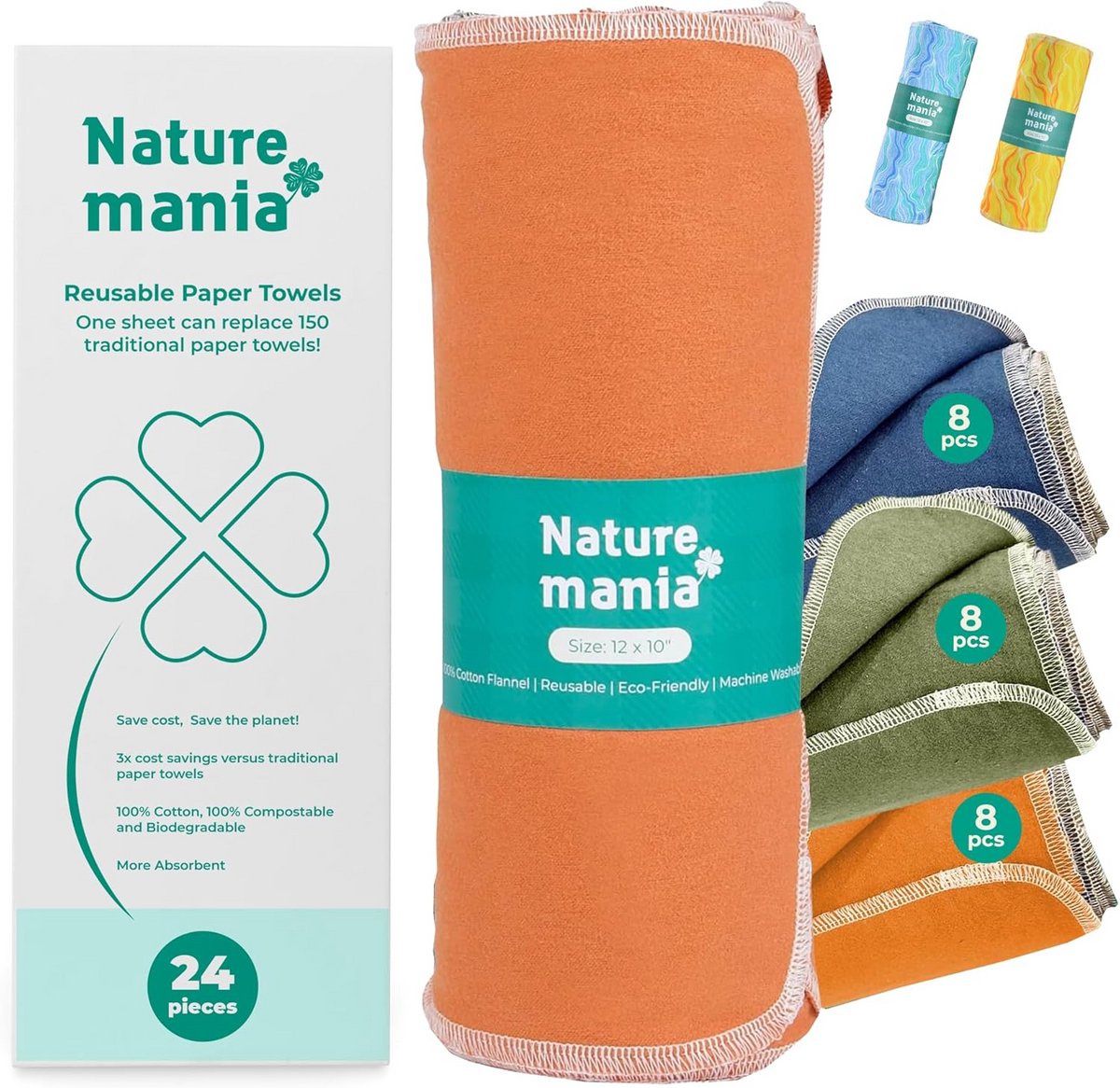 24 Herbruikbare Keukendoeken - 100% Katoen - Wasbare en Super Absorberende Tissues