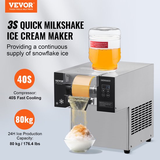 VEVOR CommerciëLe Sneeuwvlokijsmachine 80 KG/24 UUR Ijsscheerapparaat Roestvrij Staal van Vevor — afbeelding 3