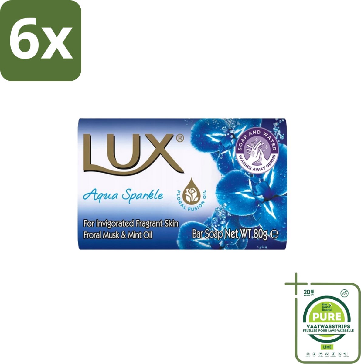 Lux – Bar Soap – Aqua Sparkle – 80 g - Voordeelverpakking - 6 stuks - Zeeptablet Aqua Sparkle - Reiniging