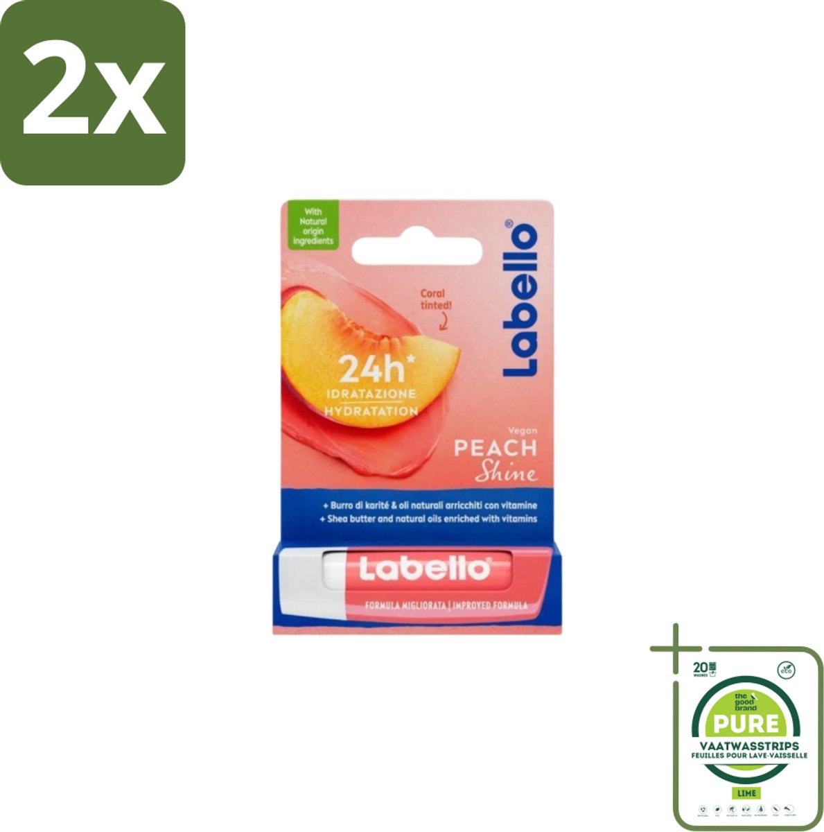 Labello – Lippenbalsem – Fruity Peach Shine – Vegan - Voordeelverpakking - 2 stuks - Lippenbalsem - Vegan lippenbalsem