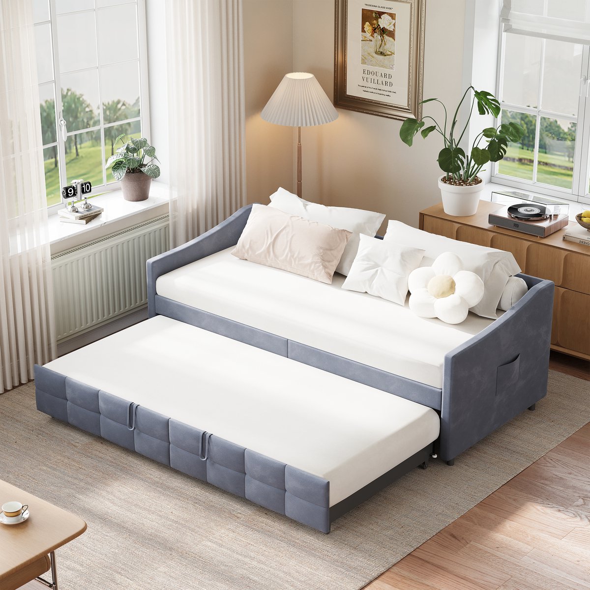 Grijs Velours Daybed 90x200 met Lade, Diamond Stiksel & Opbergvakken – Slaapbank met Lattenbodem, Moderne Guestbed / Sofa Bed