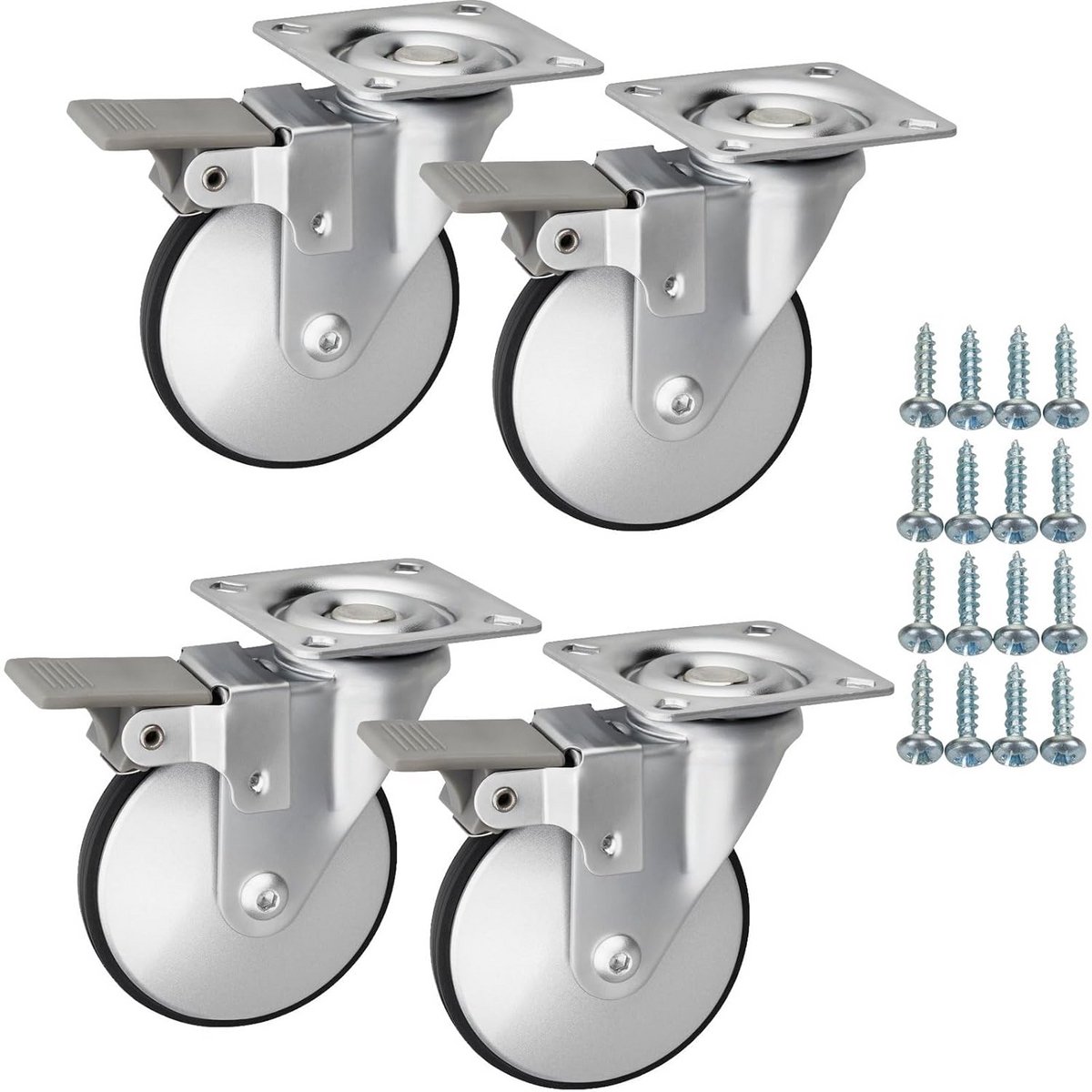 Set van 4 Zwenkwielen voor Meubels met Rem - Ø 75 mm - Stil en Vloerbesparend - Tot 140 kg Belastbaar