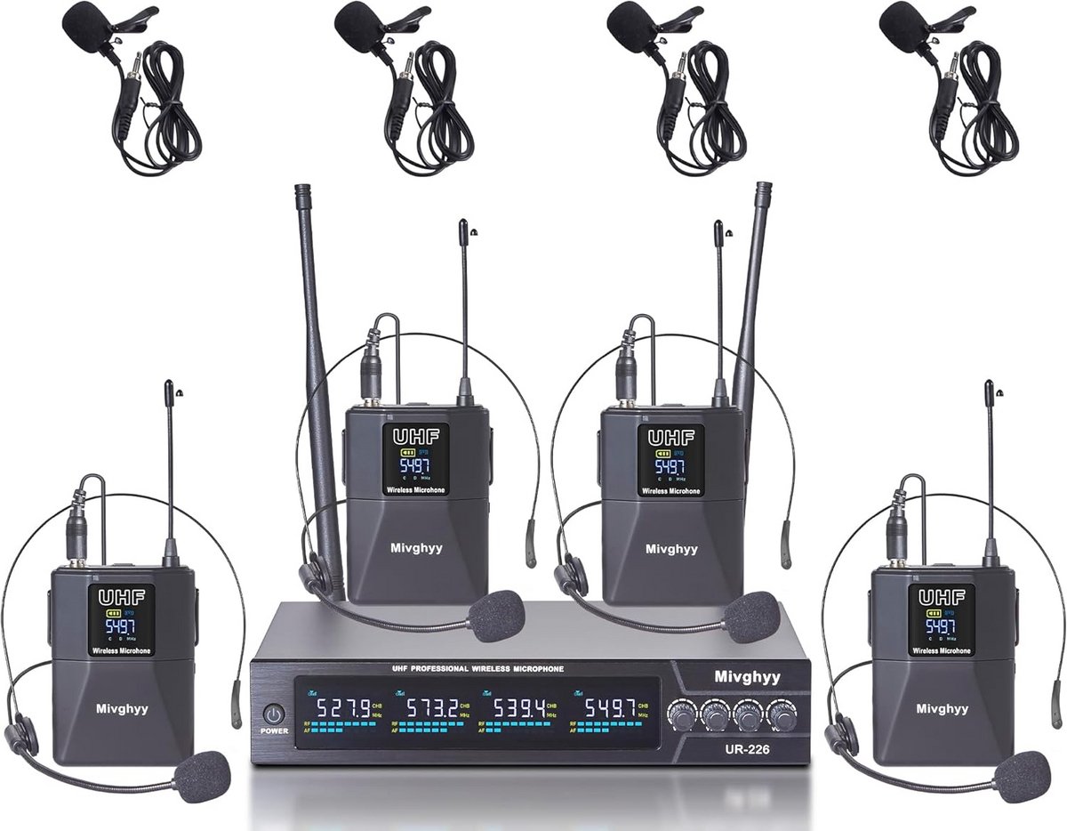 Professioneel Draadloos Microfoonsysteem met Lavalier & Headset Microfoons - 4 Kanalen UHF