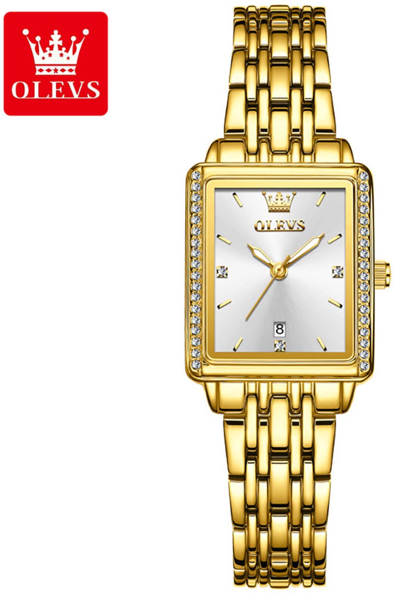 HO-9995.wi : OLEVS Dames retro goudkleurig edelstalen quartz horloge, wit-zilverkleurige wijzerplaat, kalenderdag