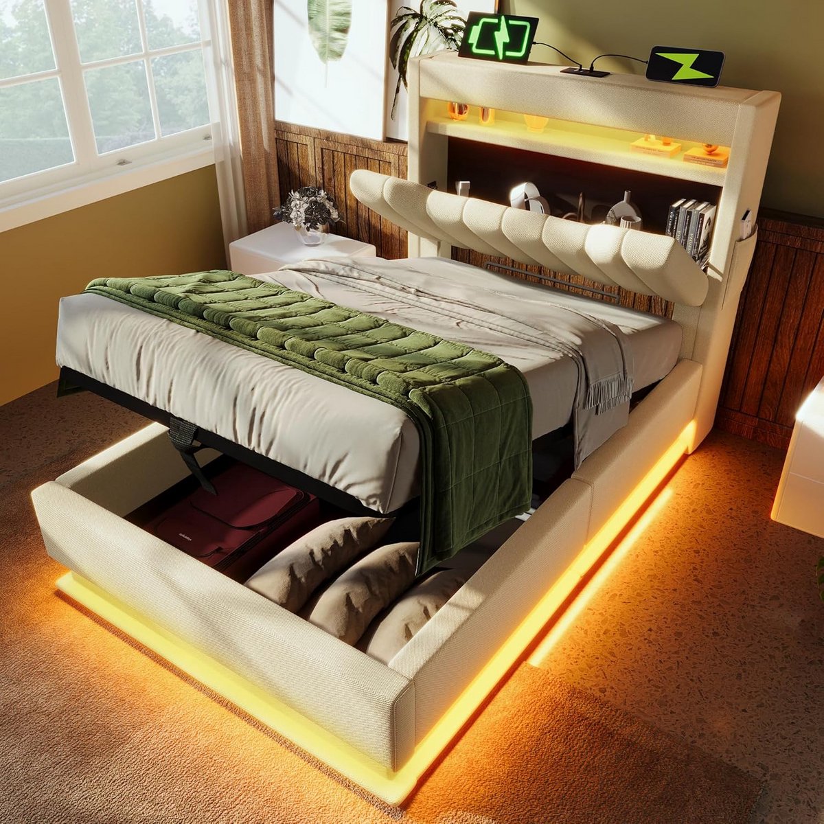 Eenpersoons gestoffeerd bed 90x200 met USB-C poorten en hydraulische opbergruimte