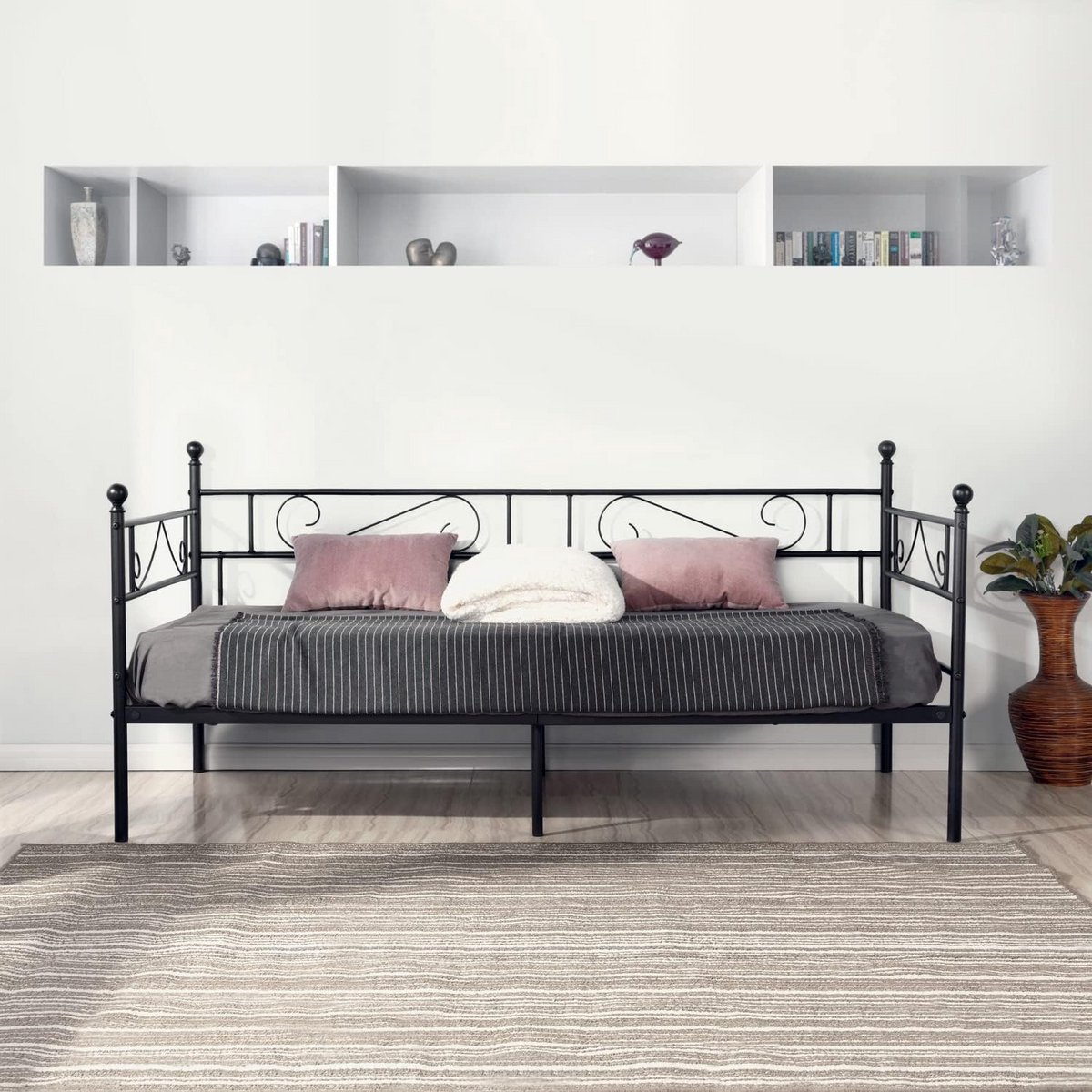 Metalen Dagbed 90x190 cm - Stabiel Eenpersoonsbedframe als Sofa en Logeerbed, Zwart