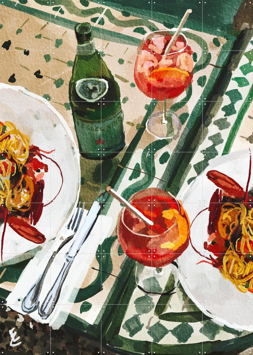 IXXI Frutti di mare & Aperol spritz, Ekaterina Zagorska - 100 x 140 cm - Gratis ophangtool - Grote wanddecoratie en posters - Aquarel, Keuken