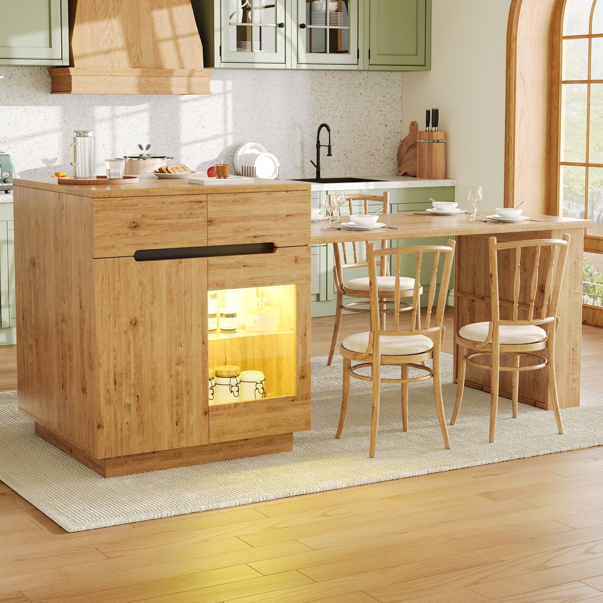 HAUSS SPOLE Keukeneiland - Uitschuifbaar Met Ledverlichting En Opbergruimte - Voor Keuken En Eetkamer - MDF - 122-195 Cm