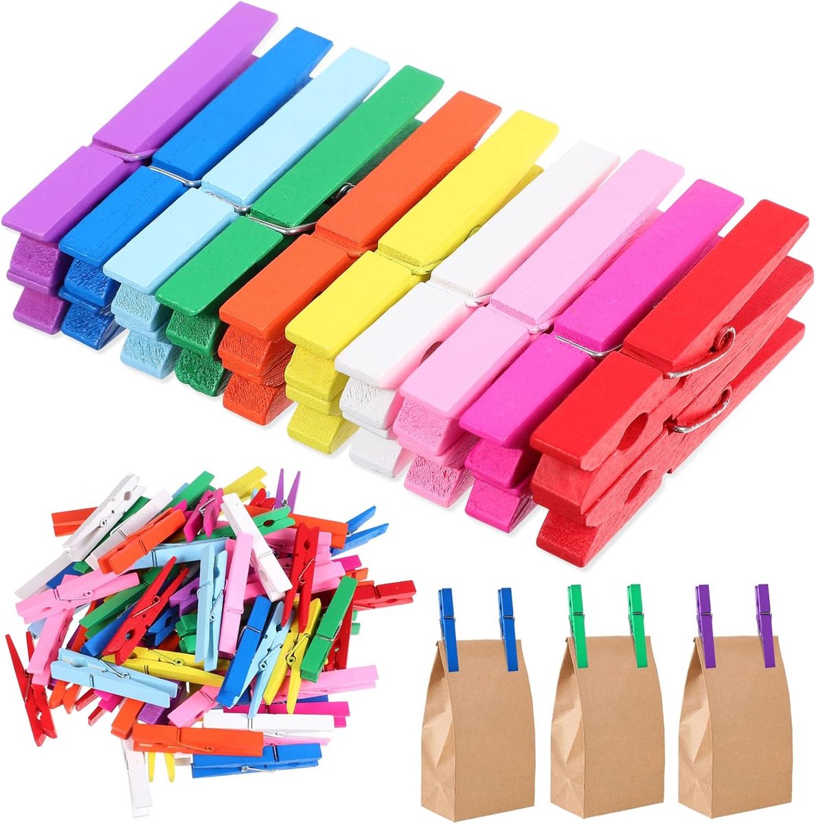 Gekleurde wasknijpers - 100 stuks - kerst - natuurlijk hout - sluitnaalden - multi-clips - ophangen kleding foto's - houten - sierklemmen