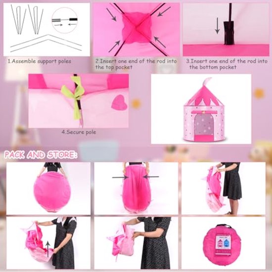 Ultiluxe® Speeltent voor kinderen - Prinsessen Tent - Speelhuis - Indoor Speelgoed - Kindertent voor meisjes - Opvouwbaar - Prinses Thema - Roze van Merkloos — afbeelding 4