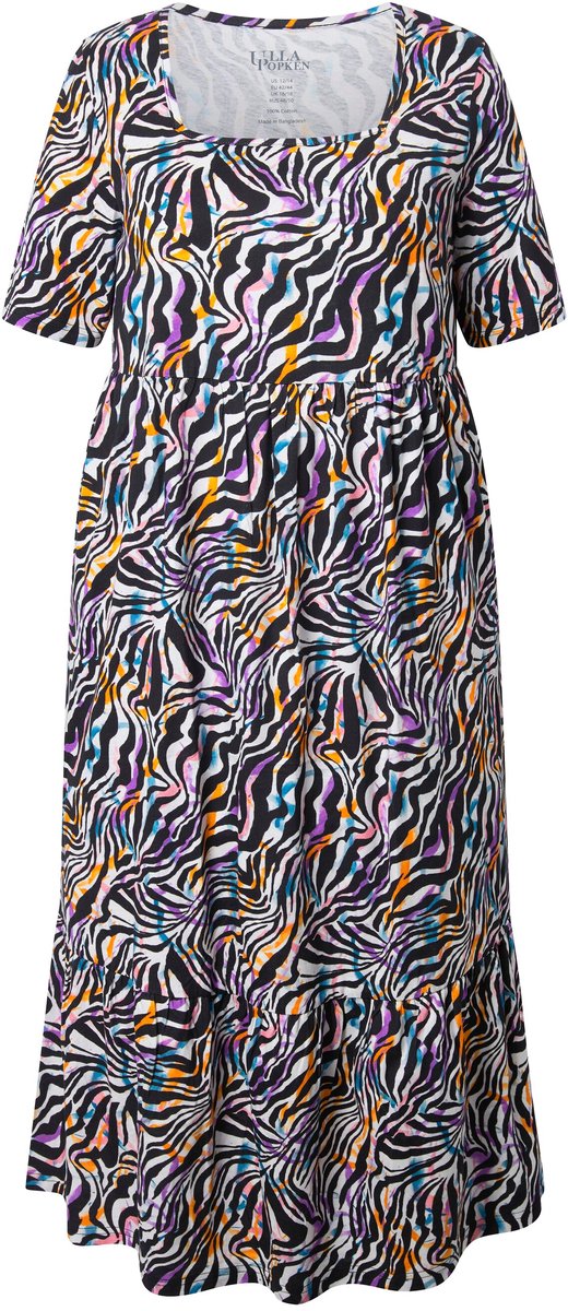 Ulla Popken Dames - Maxi-jurk dier A-lijn carréhals korte mouwen - Zwart - Maat 54+