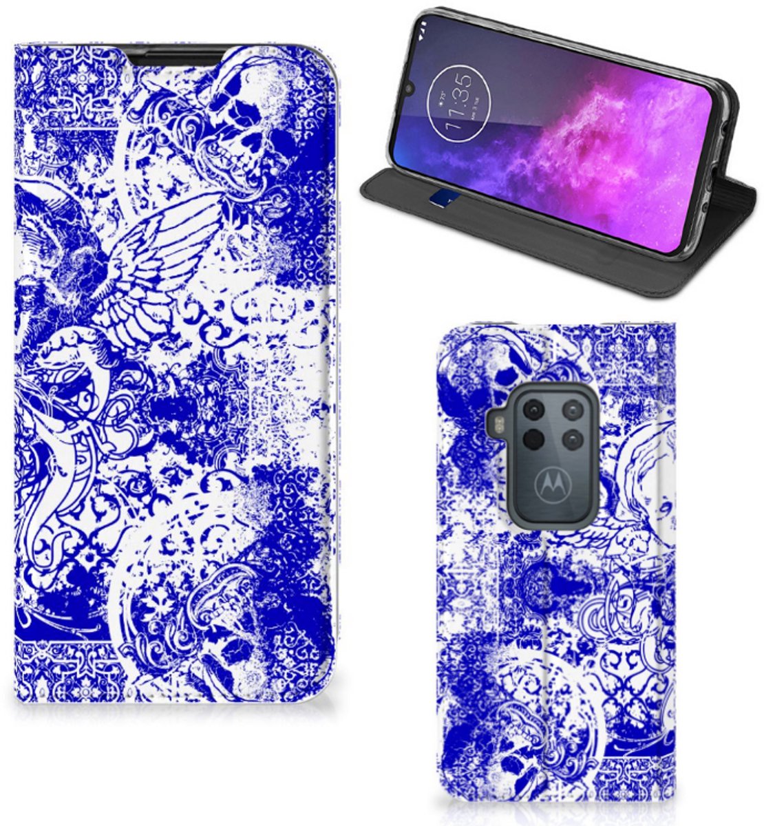 Mobiel BookCase Motorola One Zoom Angel Skull Blauw