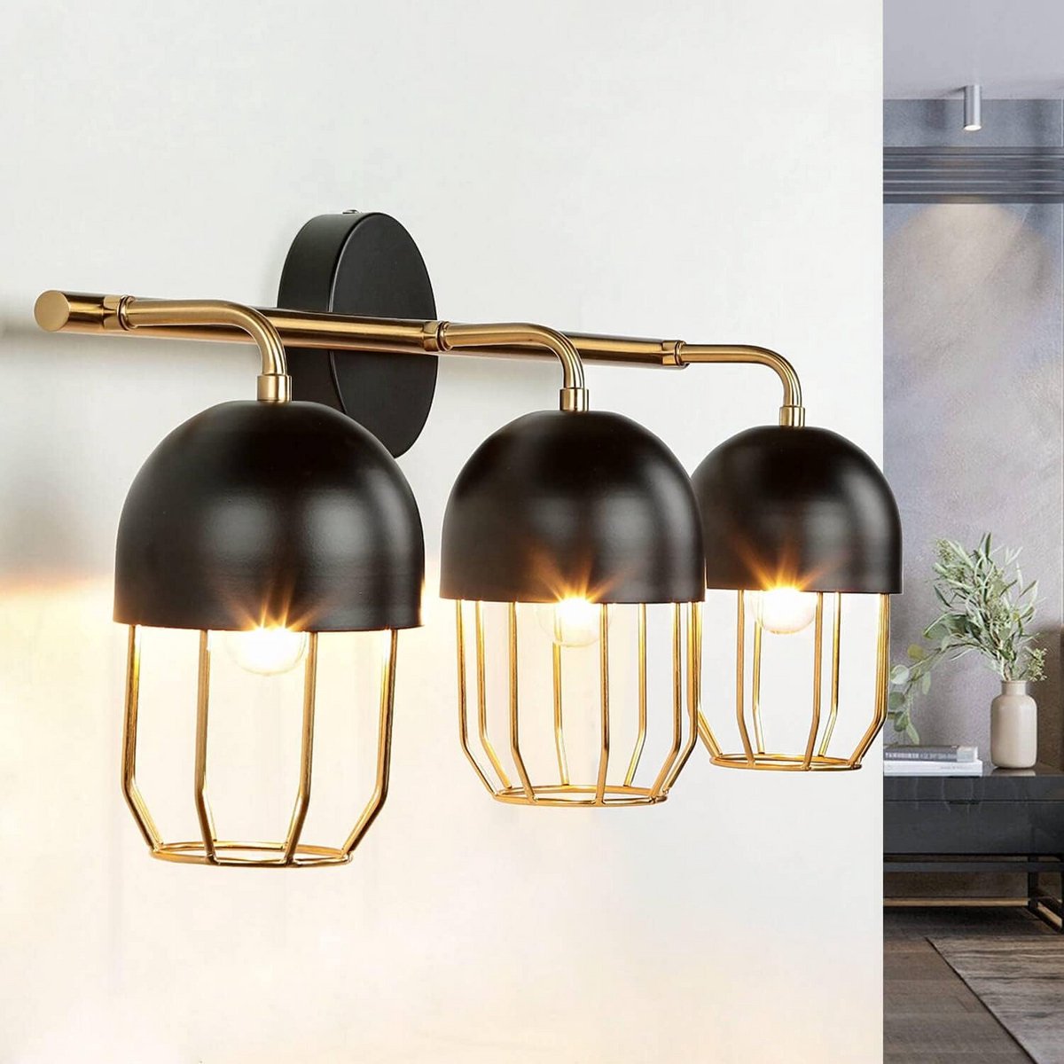 Moderne Wandlamp met 3 E14 Lichthouders in Zwart Goud voor Binnen