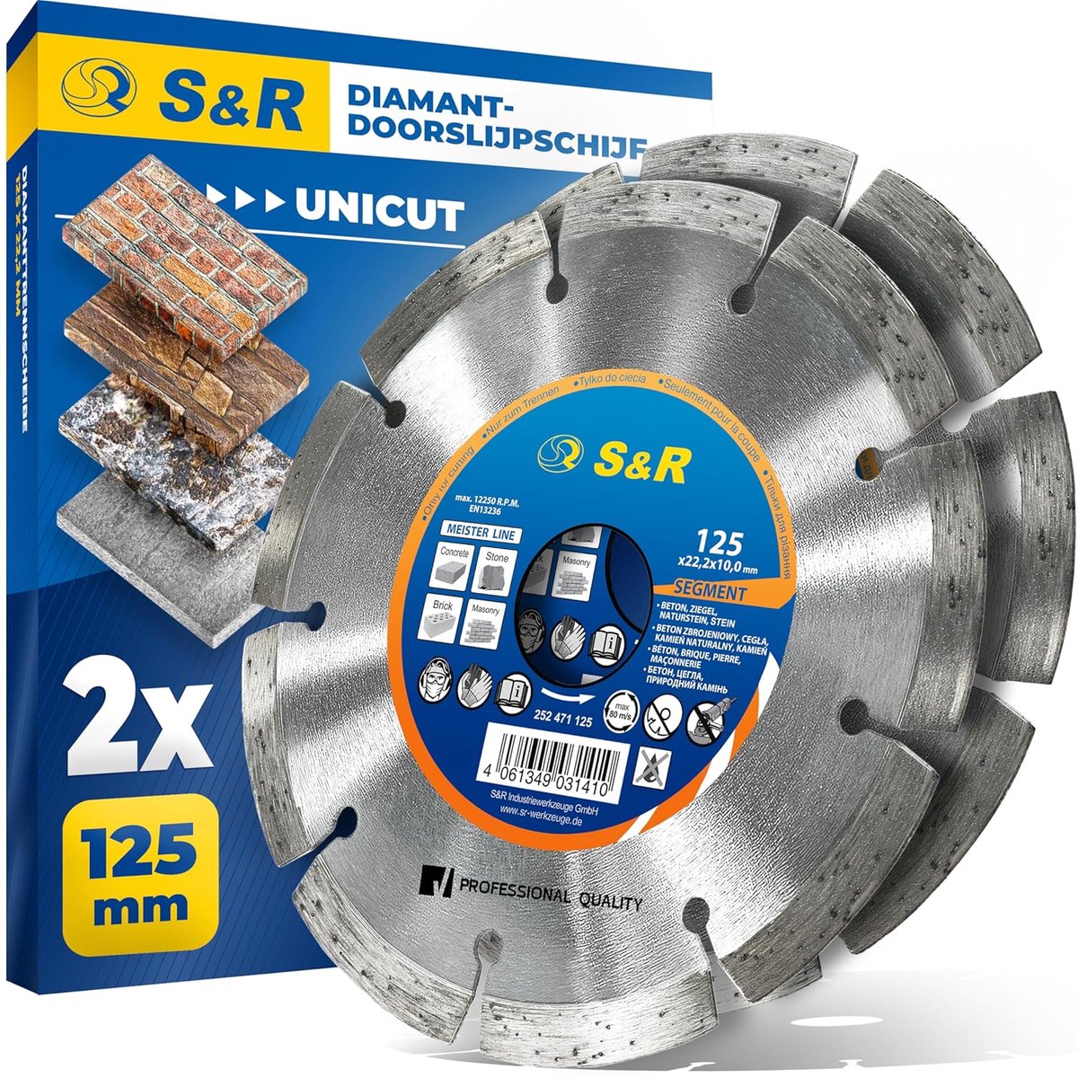 Diamantdoorslijpschijf 230 mm voor het snijden van beton, natuursteen en baksteen - 2-delige set