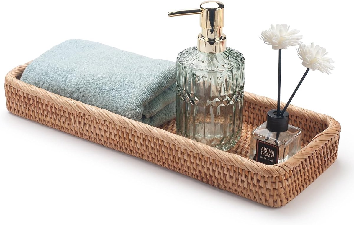 Decoratieve rotan badkameropslag - lange smalle dienblad voor handdoeken en toiletartikele
