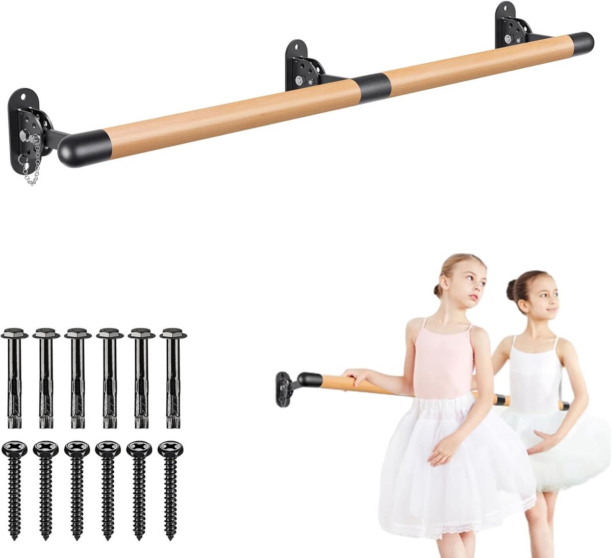 Allecto Plus - Verstelbare Ballet Barre voor Thuis Workout - Hout - Muurbevestiging - Stretching Equipment met Metalen Beugel - Voor Kinderen en Volwassenen - 4cm Dik