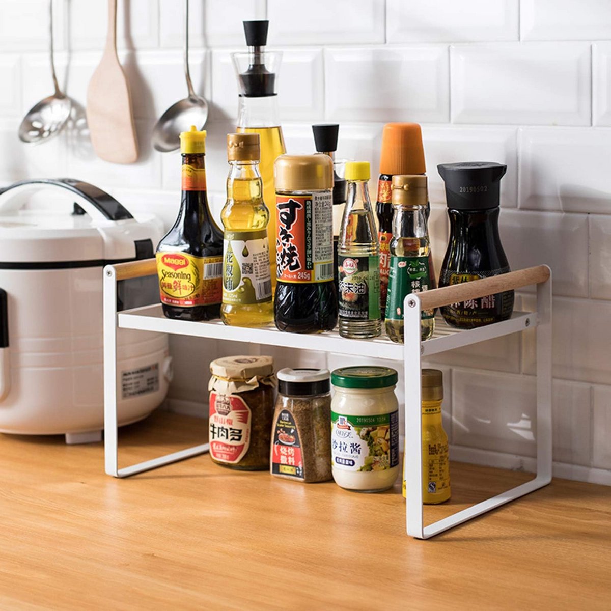 Wit Keukenrek van Smeedijzer met Houten Handvat voor Multifunctionele Opslag