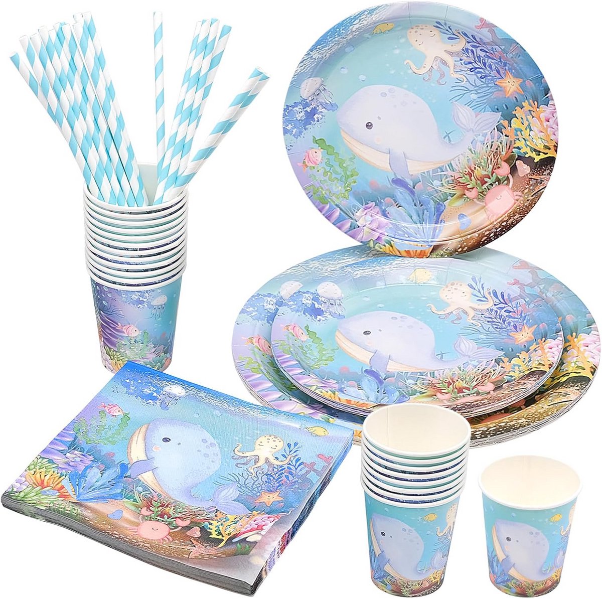 Blauwe Walvis Feestservies set - 80 stuks papieren servies voor Babyshower en Bruiloft
