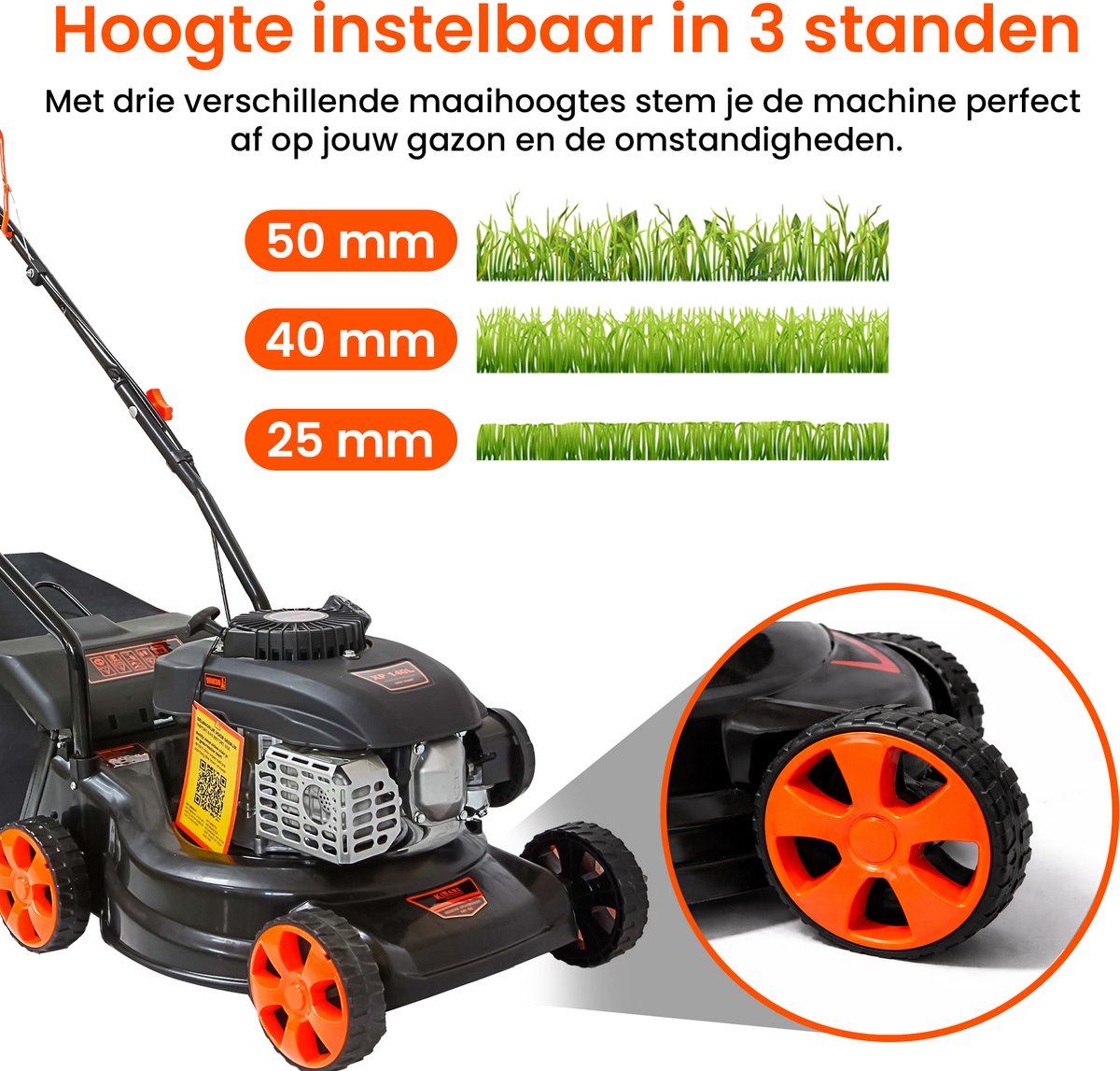 Kibani Benzine Grasmaaier 141cc – 2.2 kW / 3.0 PK – 41 cm Maaibreedte – 40L Opvangzak – 3 Maaihoogtes – Handgeduwd Grasmaaier – foto 5