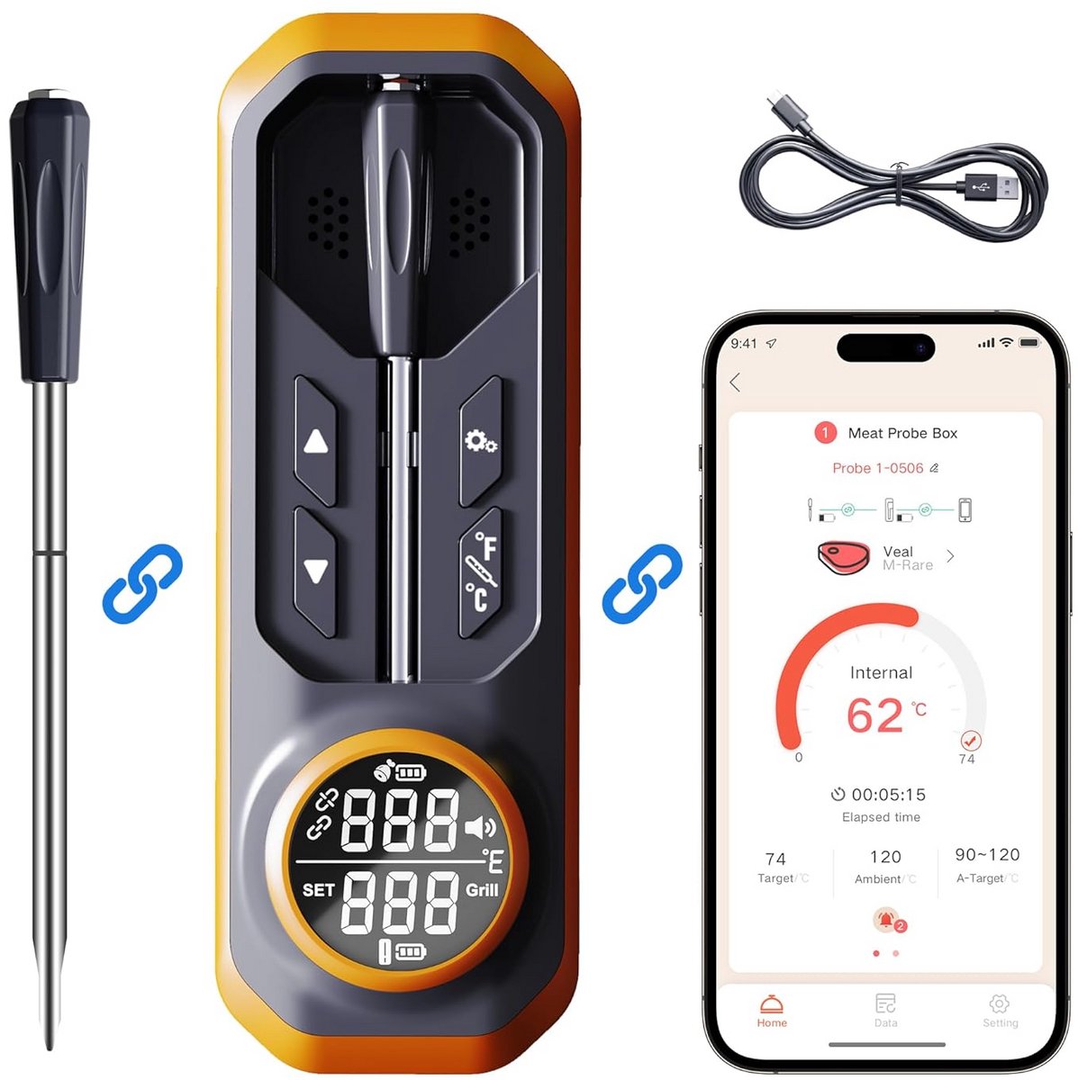 Digitale Draadloze Vleesthermometer met App en 500 ft Bereik voor BBQ en Oven