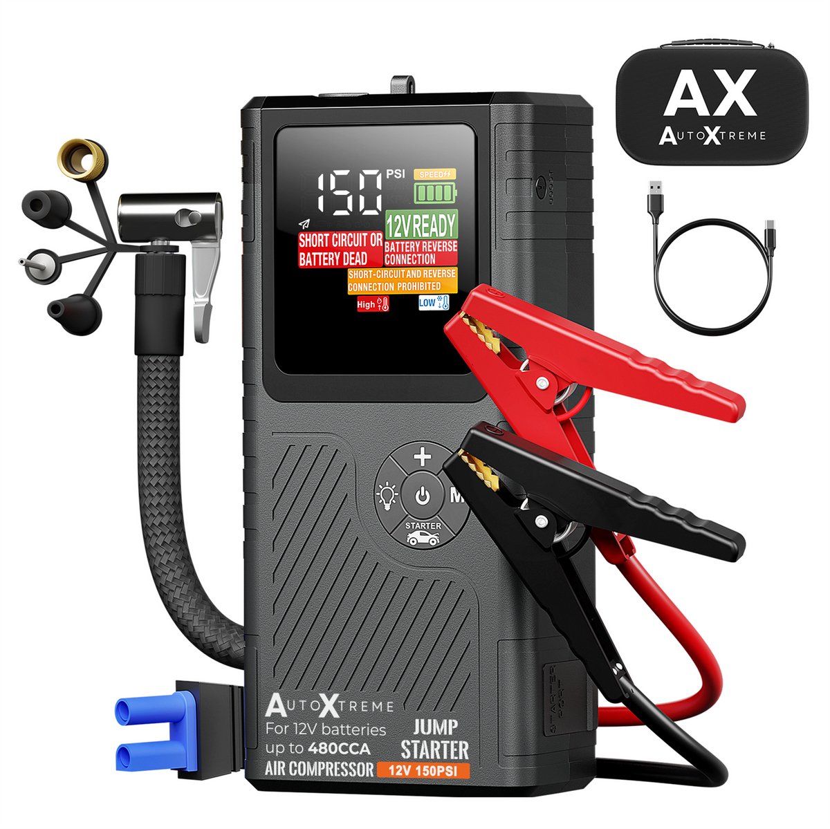 AutoXtreme 12V Jumpstarter met Compressor voor Auto – 480CCA - Boost Air Micro – Starthulp met Forcestart, Powerbank & LED-scherm – Incl. Zaklamp & Opbergkoffer