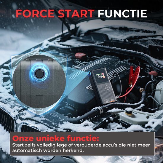 AutoXtreme 12V Jumpstarter met Compressor voor Auto – 480CCA - Boost Air Micro – Starthulp met Forcestart, Powerbank & LED-scherm – Incl. Zaklamp & Opbergkoffer