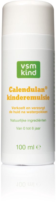 Witte fles van VSM Calendulan kinderemulsie, 100 ml. "Verkoelt en verzorgt de huid na waterpokken".