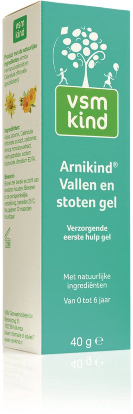 Doosje VSM Kind Arnikind Vallen en stoten gel, verzorgende eerste hulp gel met natuurlijke ingrediënten, van 0 tot 6 jaar, 40g. Bevat arnica.