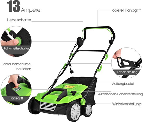COSTWAY Elektrische verticuteermachine, gazonventilator, 1800 W, 2 treden werkdiepte, 38 cm werkbreedte, 45 l opvangmand, messenwals en ventilatorrol, gazon verticuteermachine voor tuin (groen) van Costway — afbeelding 3