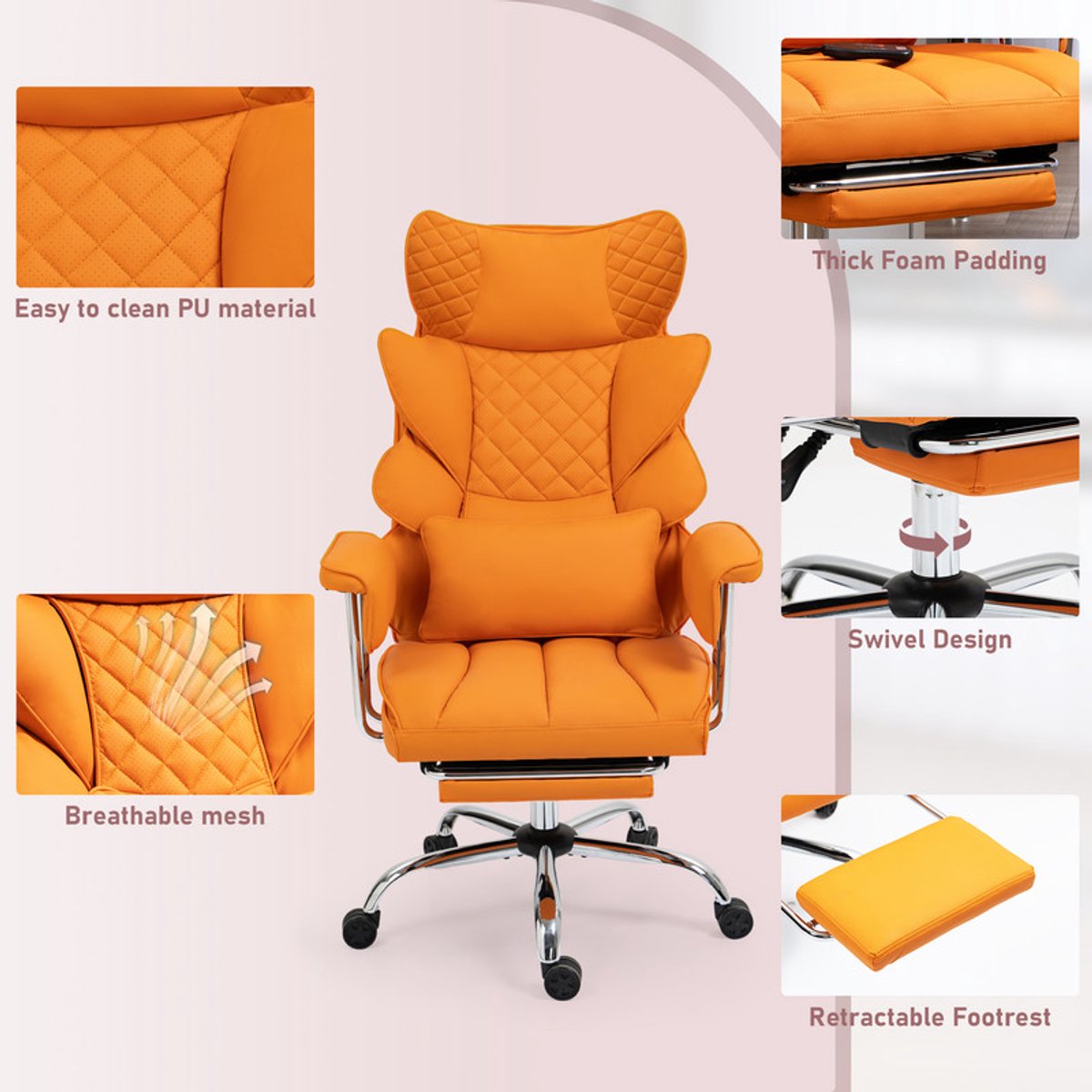 Leren Ergonomische Bureaustoel met Voetensteun - Oranje - afbeelding 3