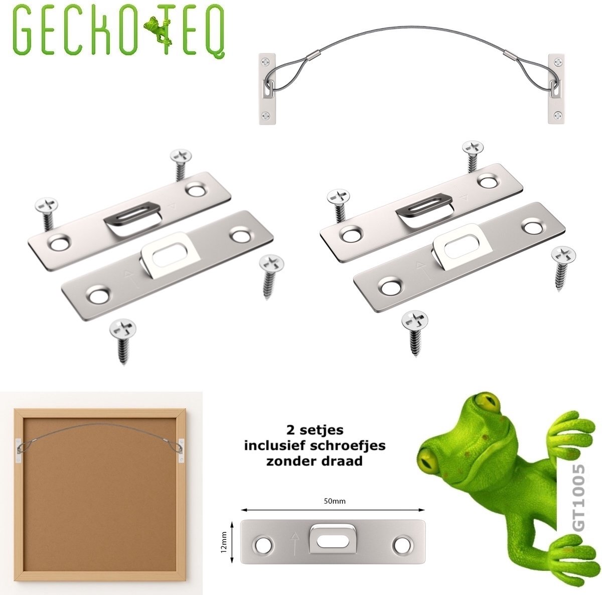 GT1005 GeckoTeq 2x Schilderij ophanghaak set Klein – met montageplaat en schroefgaten