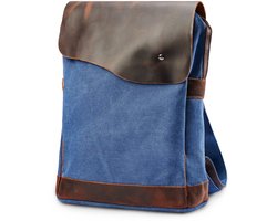 Retro Marineblauwe Canvas en Donkere Leren Rugzak