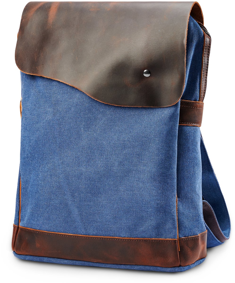 Retro Marineblauwe Canvas en Donkere Leren Rugzak
