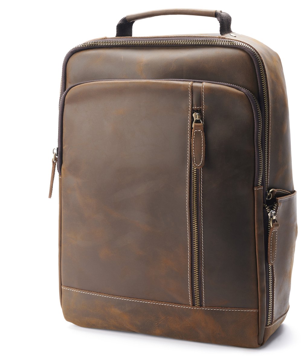 Bruine Vintage Leren Laptop Rugzak met Oplaadpoort