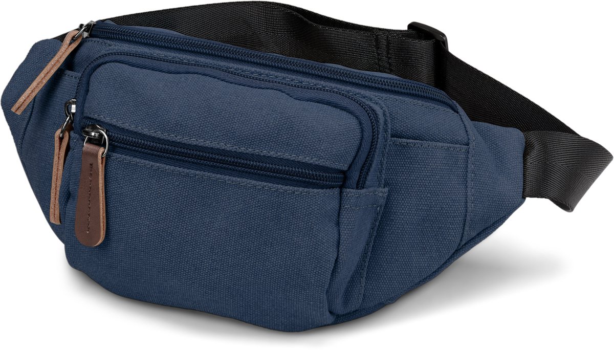 Heuptas van denimblauw canvas en bruin leer