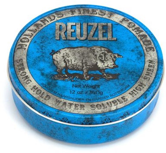 Reuzel pomade blik met tekst 'HOLLANDS FINEST POMADE' en een varken. Blauw met verweerde look.