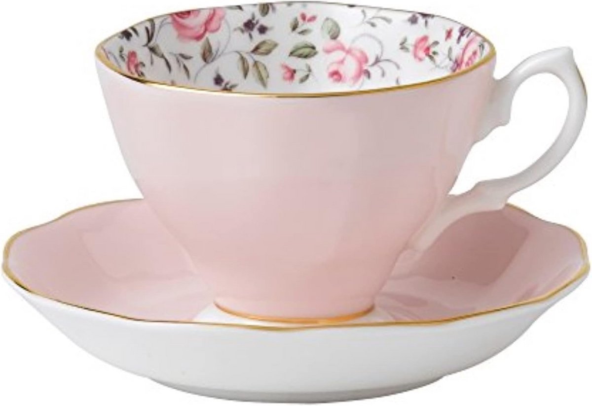 Theekopje en Schotel Set Roze Bloemen Porselein voor Thee